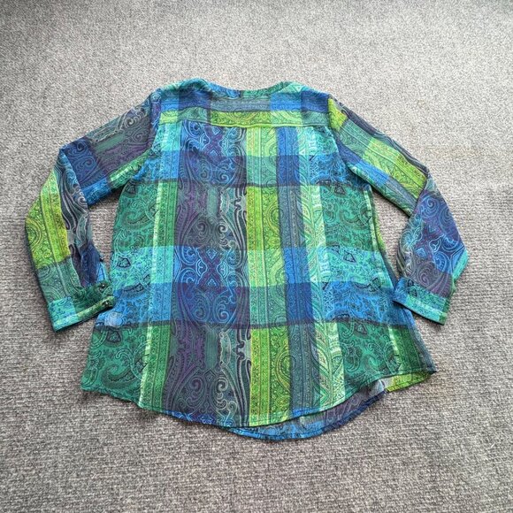 Liz Claiborne Top Womens L Green Blue Paisley Popover Blouse Sheer Silver Button - Picture 10 of 13